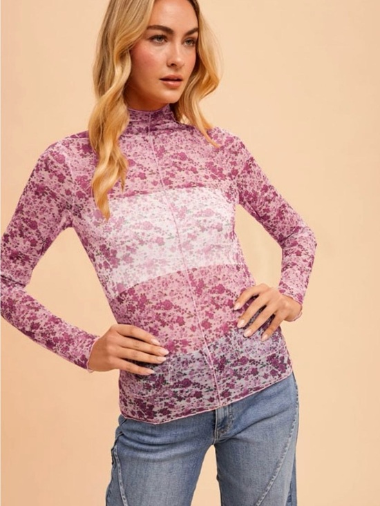 Anniewear Tops - NWT- Annie Wear Floral Lettuce Hem Sheer Mesh Top